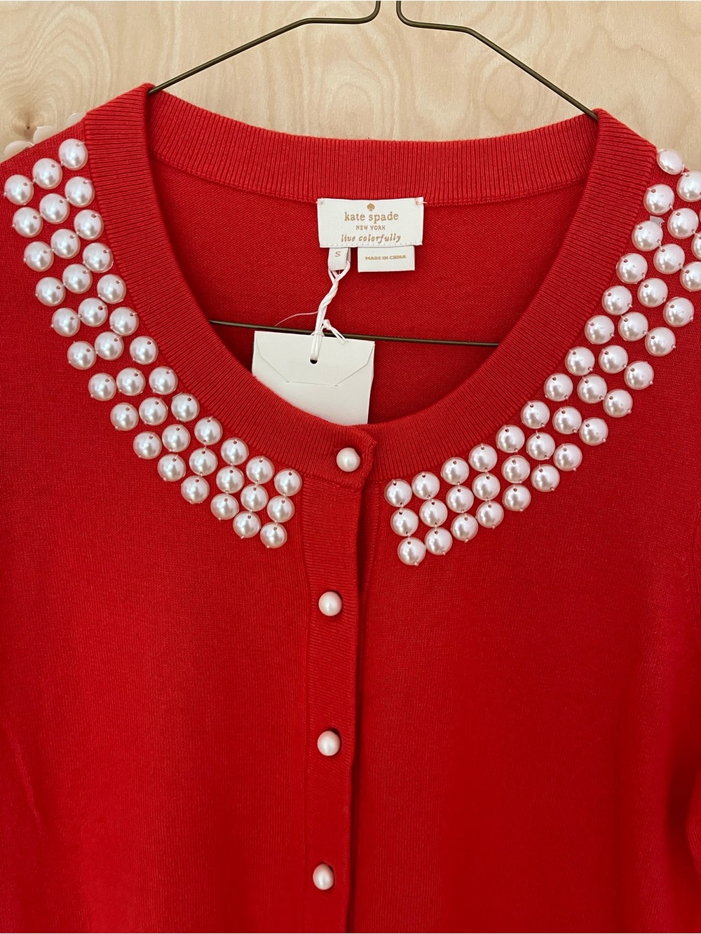 kate spade Red Pearl-Embellished Crewneck Cardigan - Picture 3 of 9